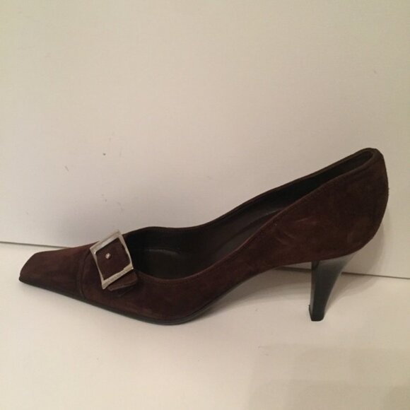 SERGIO ROSSI HEELS PUMPS BROWN SUEDE LEATHER SHOES ITALY POINTED TOE - Picture 5 of 8